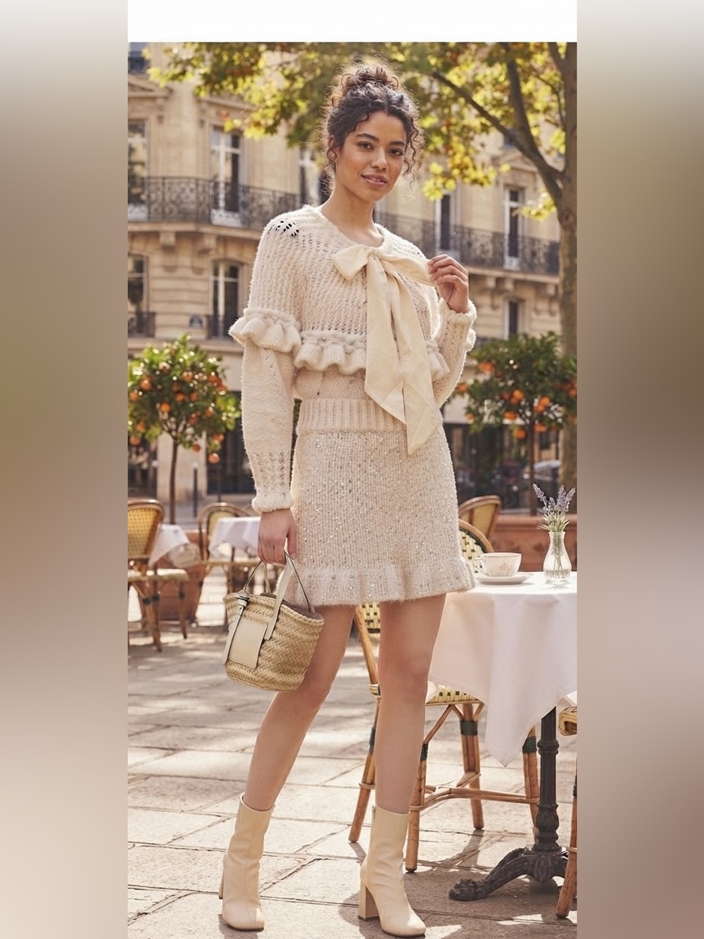 Wool Blend Cream Sweater Skirt Set with Bow Detail